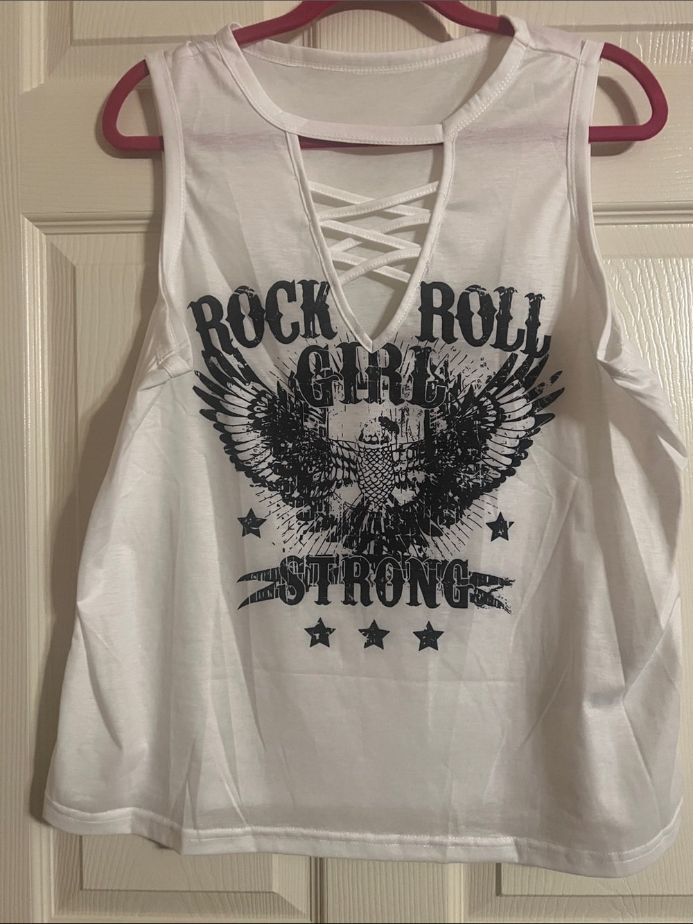 SHEIN White Lace-Up V-Neck Rock Graphic Tank